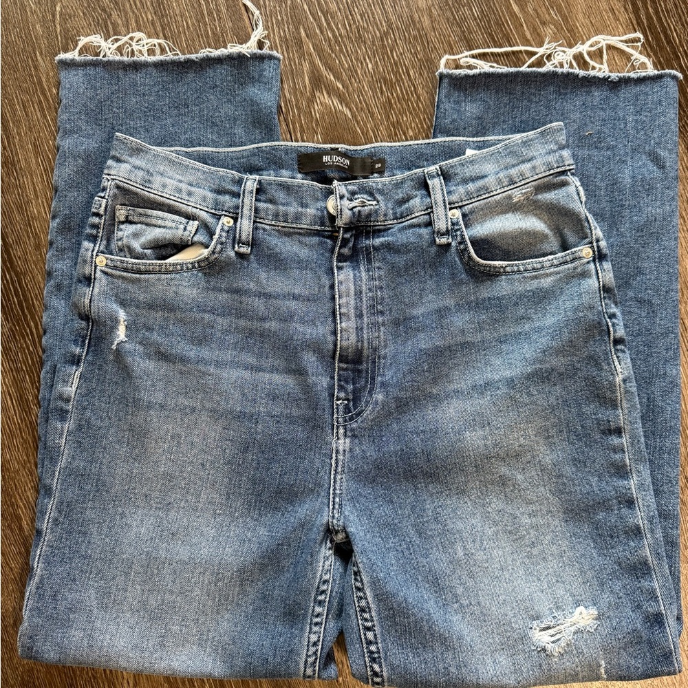 Hudson Remi High Rise Straight Crop Jeans Oceanview Distressed Frayed Hem